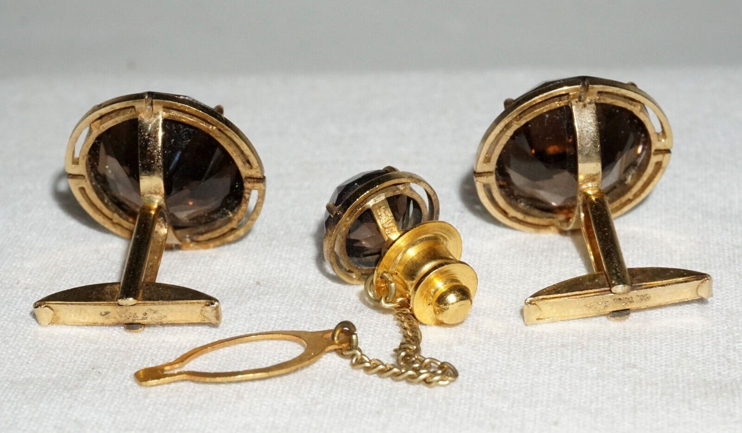 3Pc Vintage Gold Plated Silver Cufflinks & Tie Tack w. 3x Smokey Quartz (---)