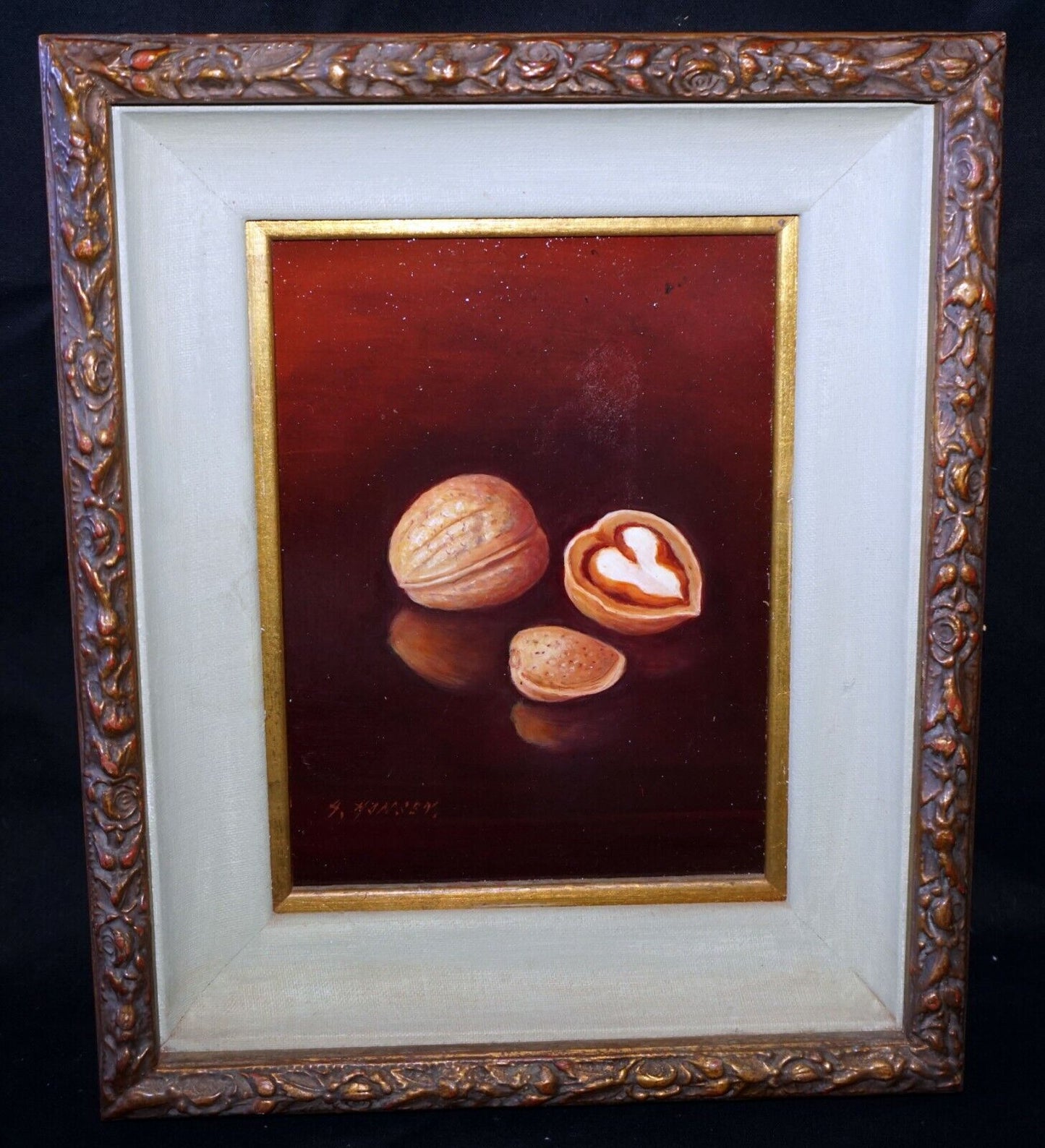 Vintage US Framed Oil Still Life Painting Walnuts by A. Hansen (FeO)
