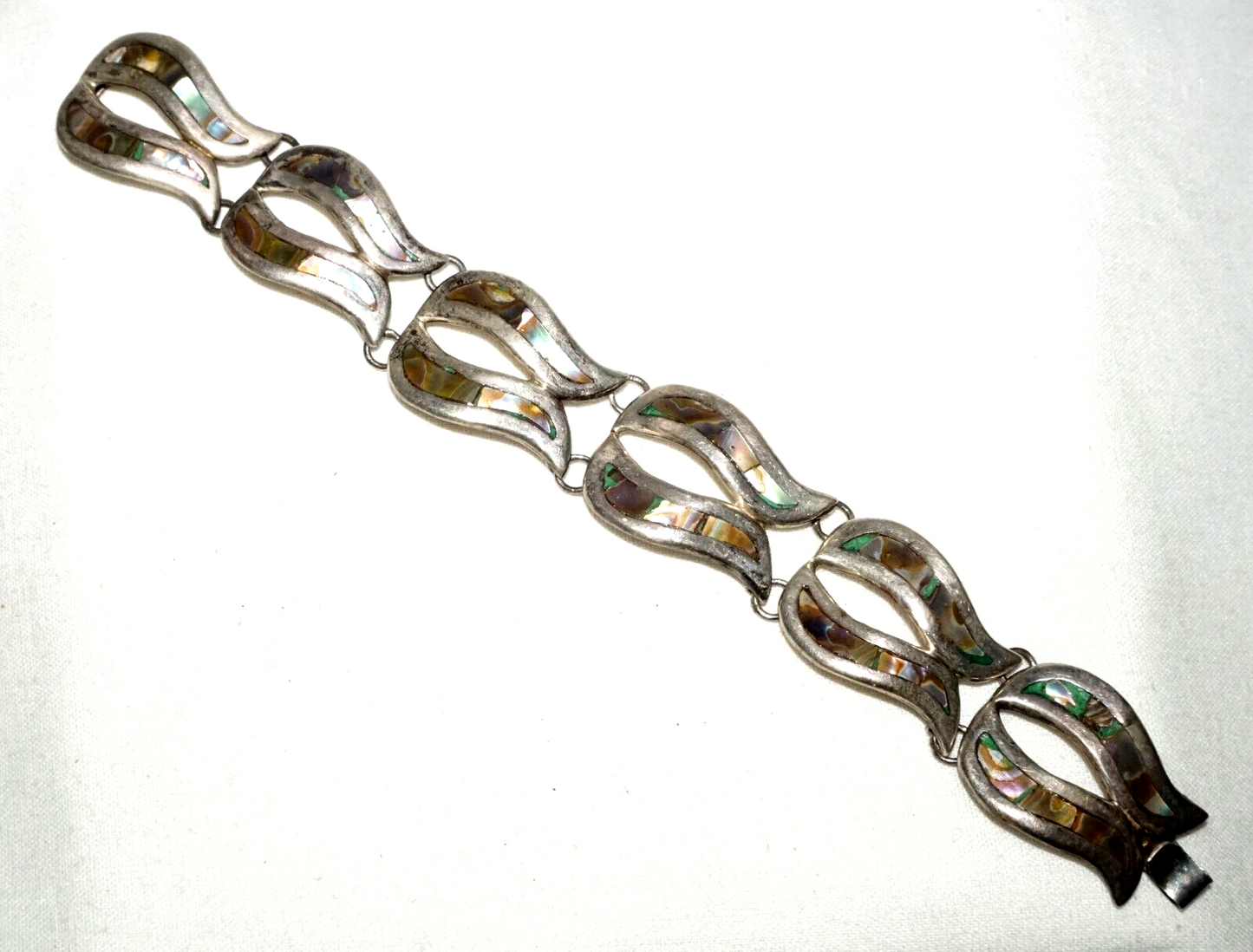 Vintage Mexican Modernist Sterling Silver & MoP Link Bracelet by DHS (TuD)