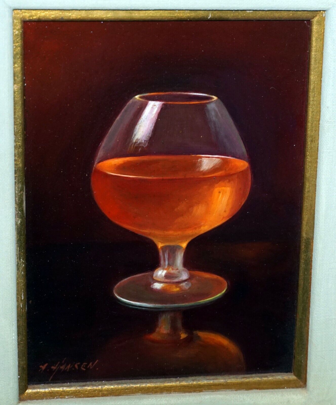 Vintage US Framed Oil Still Life Painting Cognac Sniffer by A. Hansen (FeO)