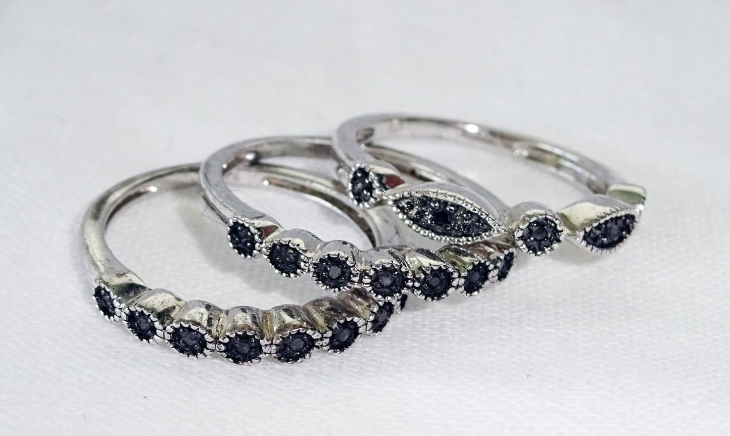 3x Vintage Sterling Silver Rings Sz 5.25 set w. Black Diamonds (Ng)