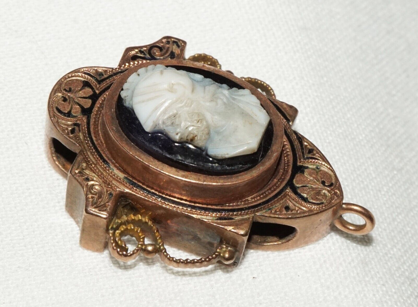 Antique Rose Gold & Black Enamel Slide Pendant w Shell Cameo Soldier Motif (AHB)