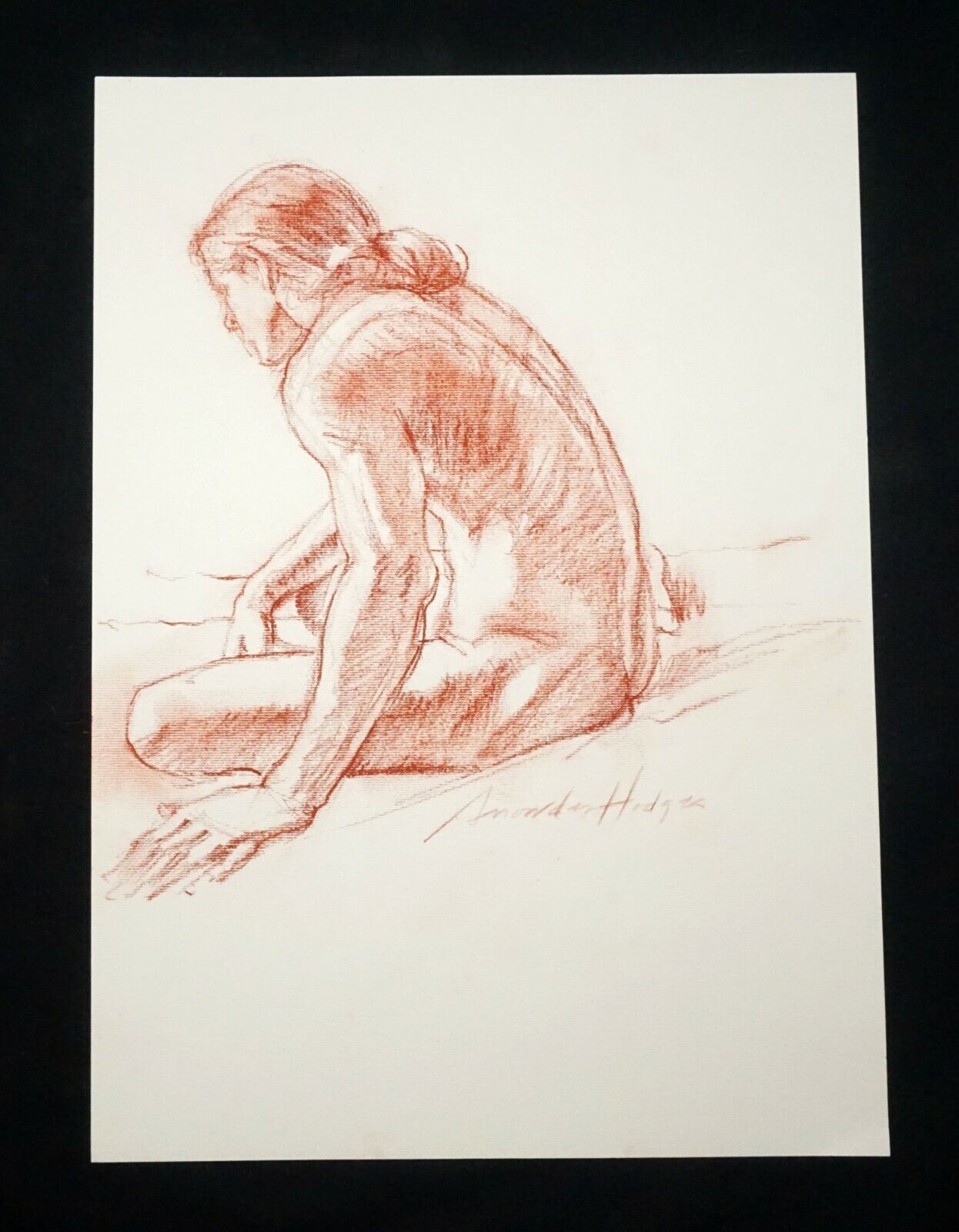 Hawaii Conte Crayon Drawing Seated Male Nude Back View Snowden Hodges (Sho)#40