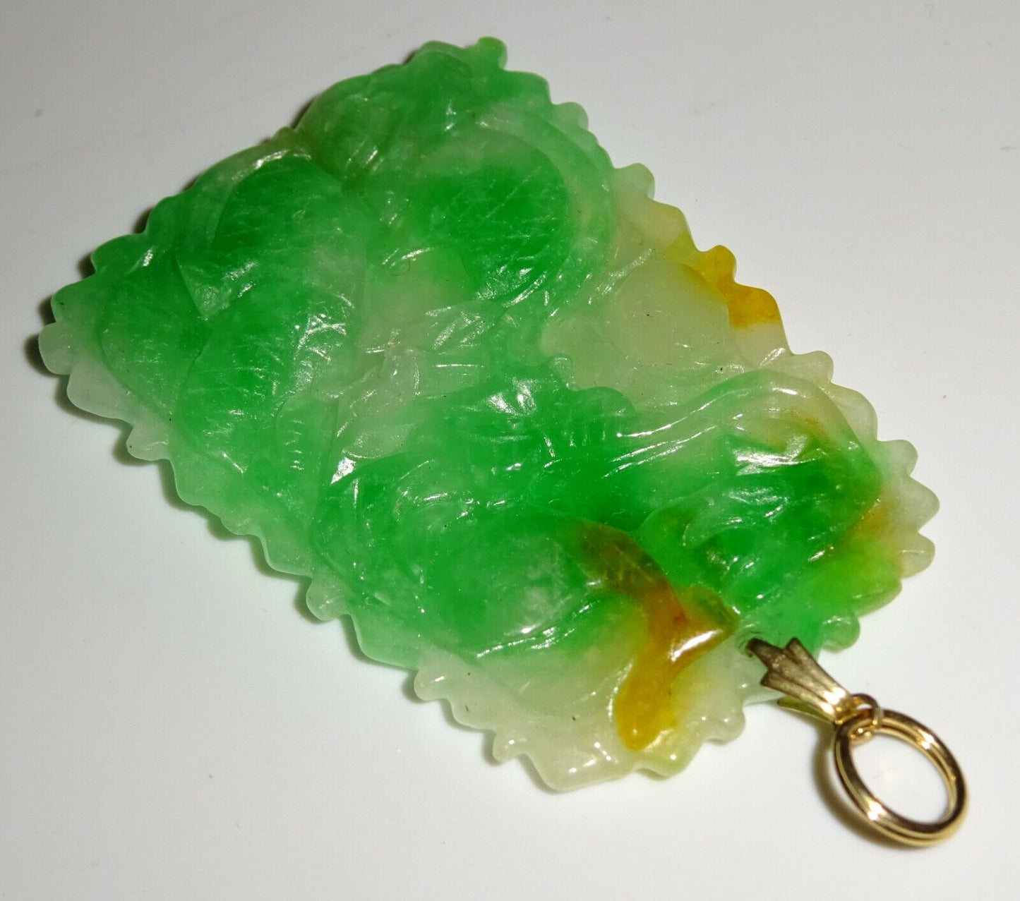 Chinese Jadeite Jade Plaque Pendant w. Writhing Dragon & Pearl Motif (LuD)