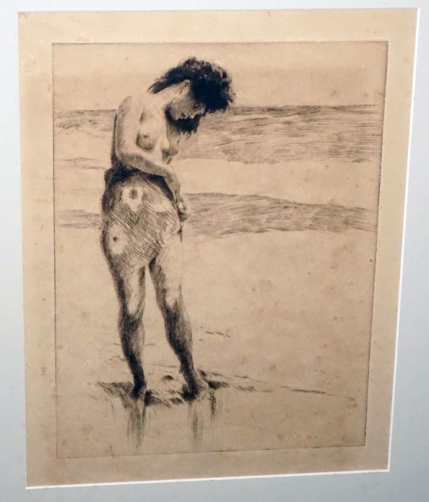 1937 Hawaii Etching Print Nanea on the Beach by John M. Kelly (1879-1962) (+)