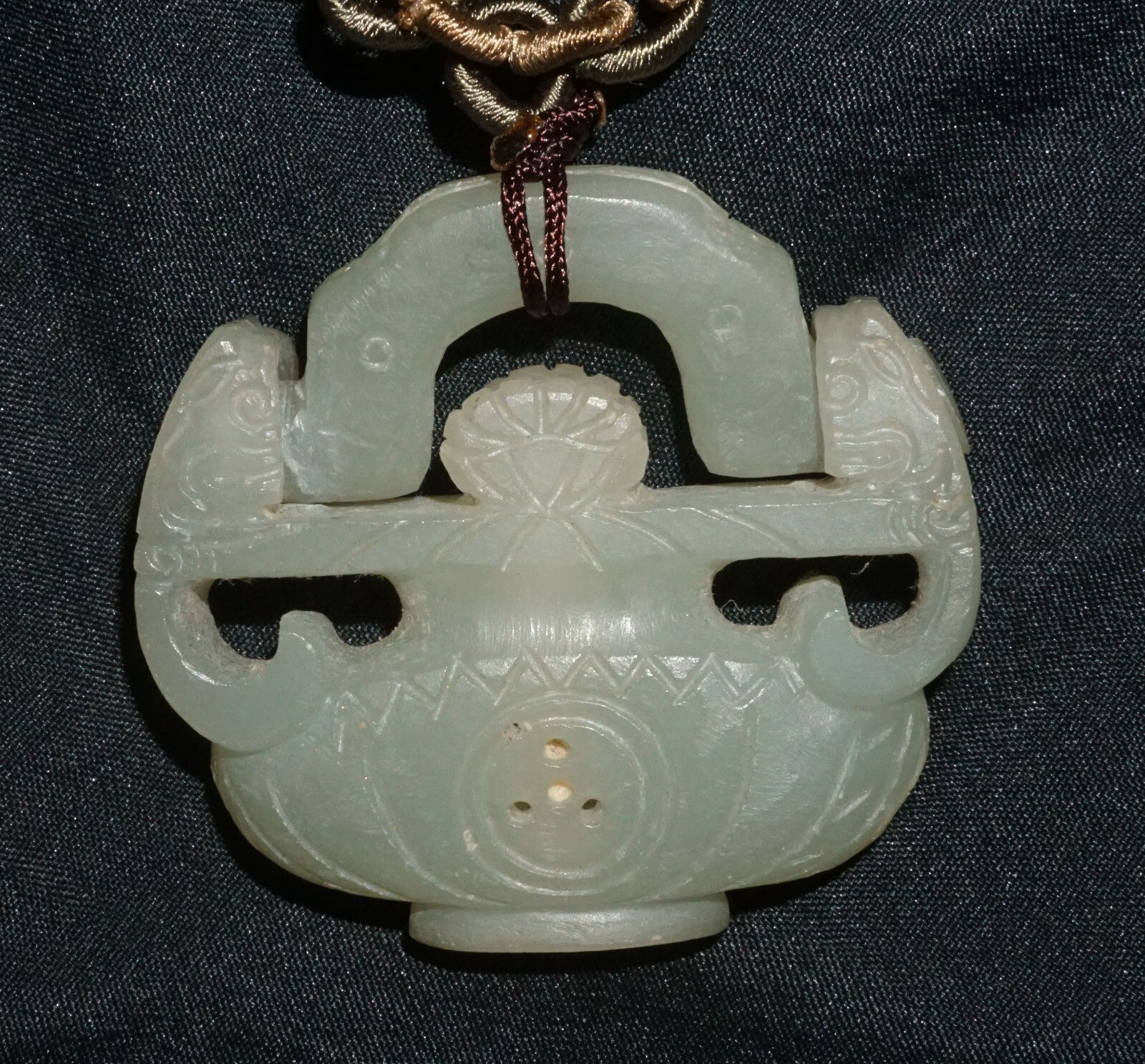 Vintage Chinese Nephrite Jade Flower Vase w. Hinged Handle Motif Pendant  (---)