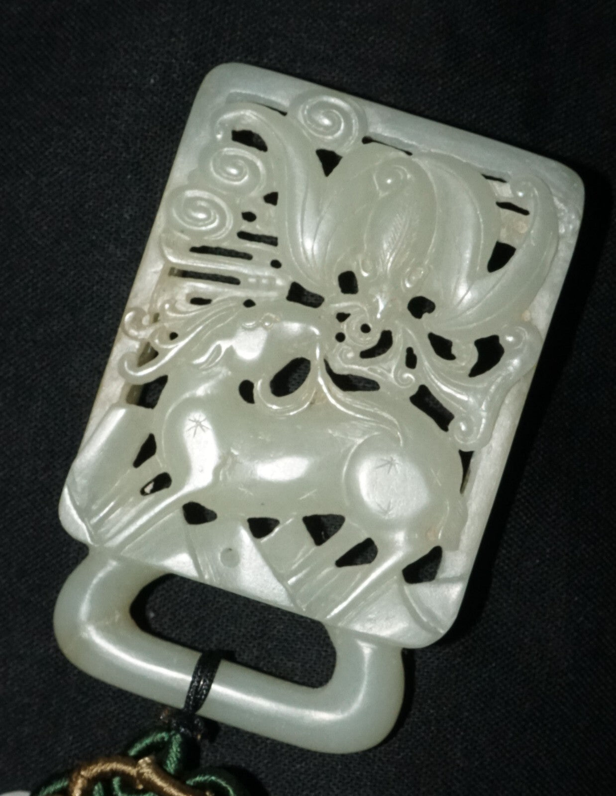 18C Chinese Grey Green Nephrite Jade Pierced Belt Buckle Deer & Bat (LeS)L23