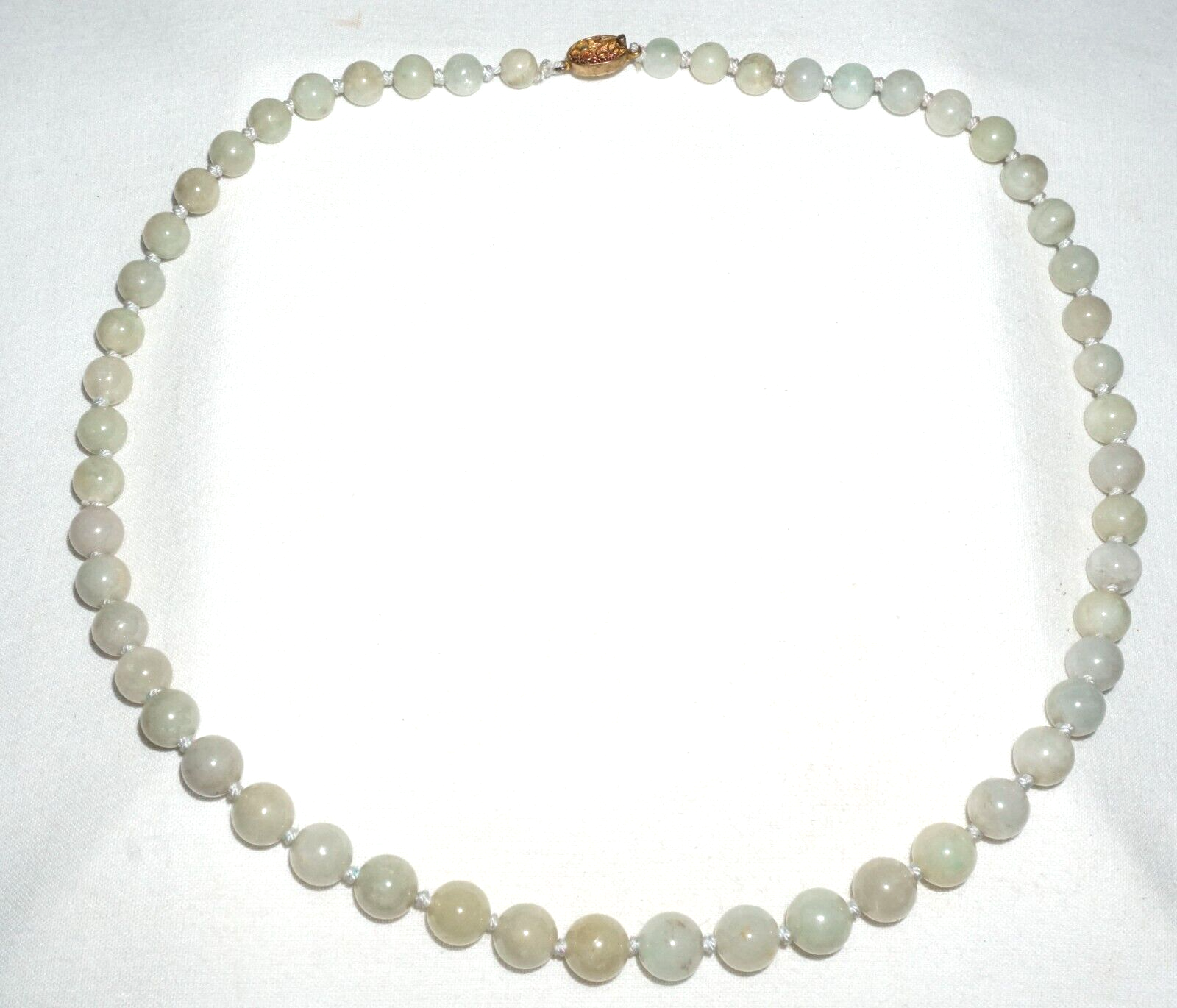 Vintage Chinese Grey Green Jadeite Jade Bead Necklace w. Gold Pl. Silver Clasp#2