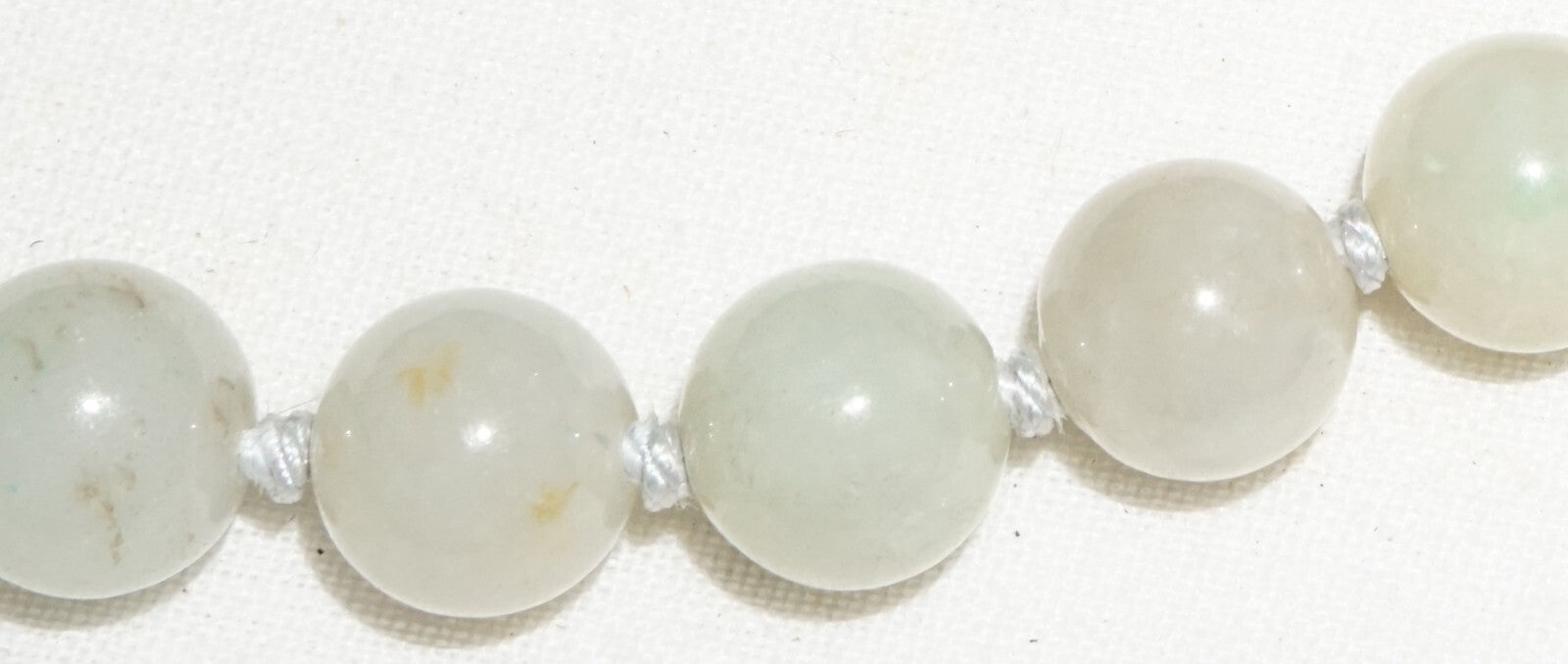 Vintage Chinese Grey Green Jadeite Jade Bead Necklace w. Gold Pl. Silver Clasp#2