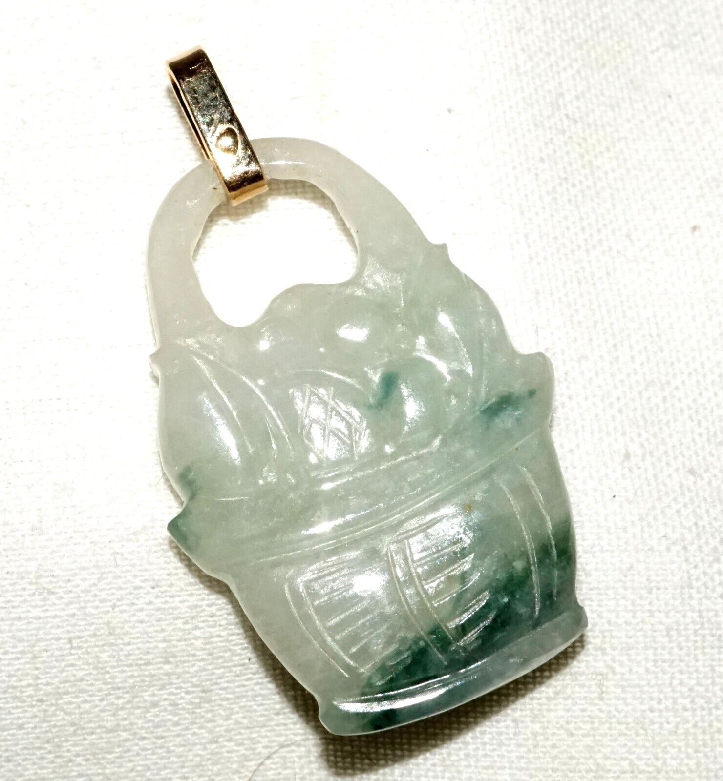 Vintage Chinese 14k Y. Gold White & Spinach Jadeite Jade Basket Pendant (LeS)L24