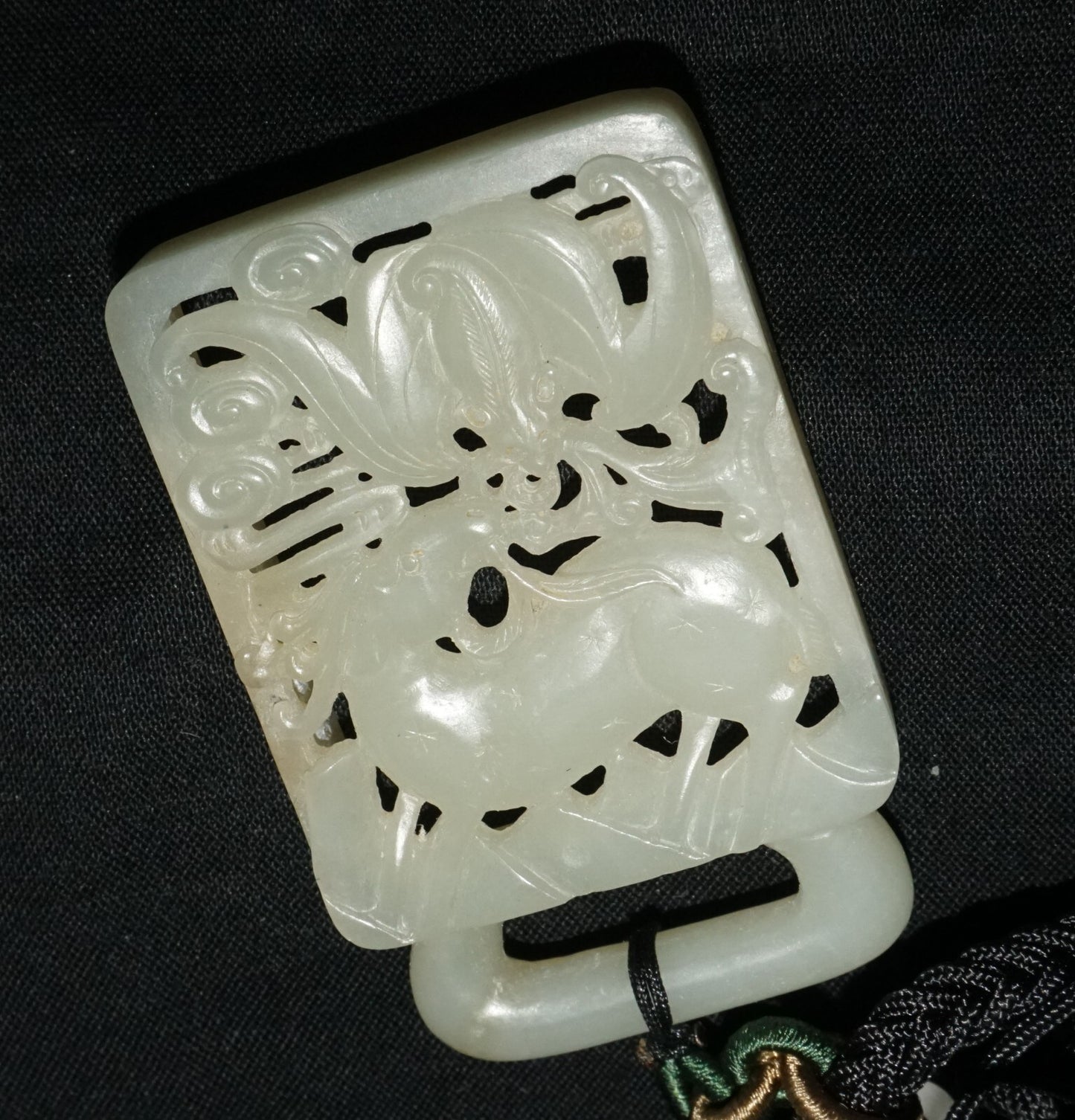 18C Chinese Grey Green Nephrite Jade Pierced Belt Buckle Deer & Bat (LeS)L23