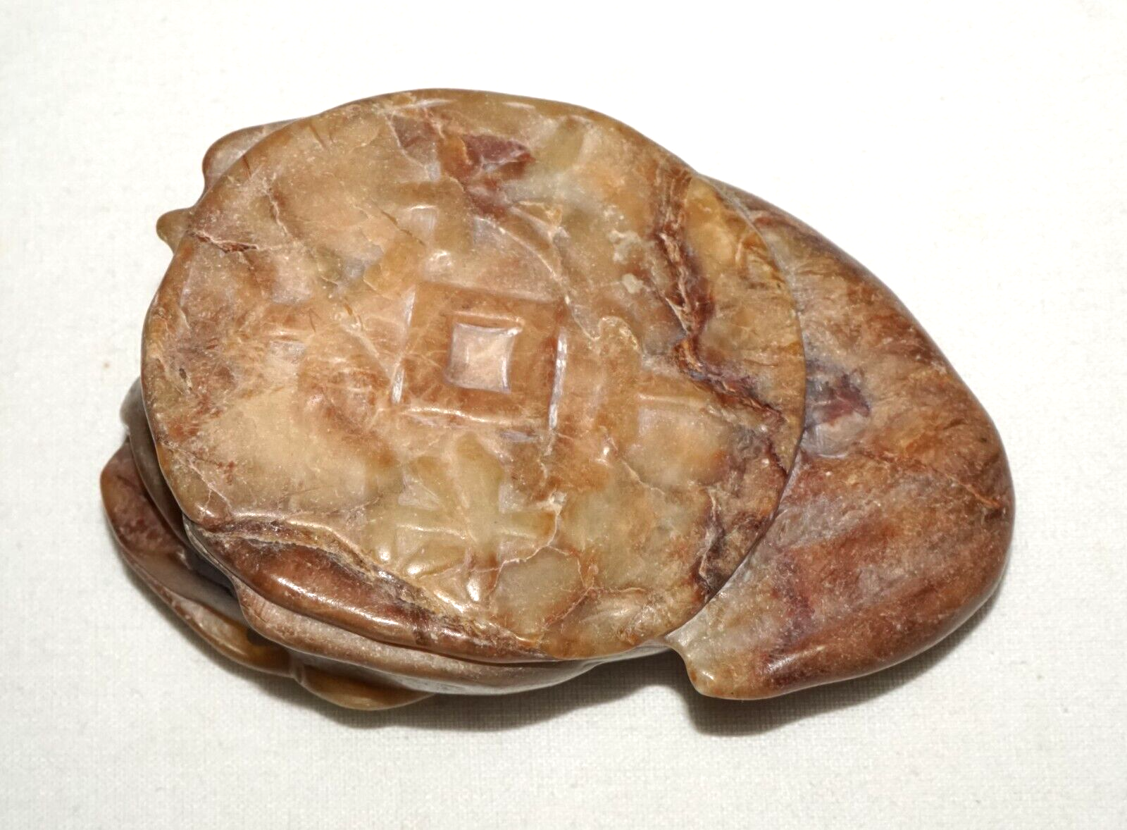 Vintage Chinese Soapstone Carving w. Toad Holding Coins on Coin Motif  (LeS)L20