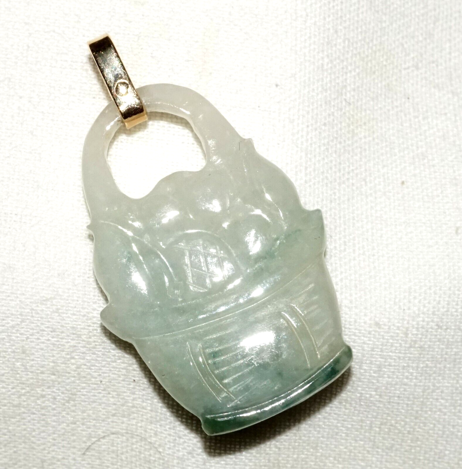 Vintage Chinese 14k Y. Gold White & Spinach Jadeite Jade Basket Pendant (LeS)L24