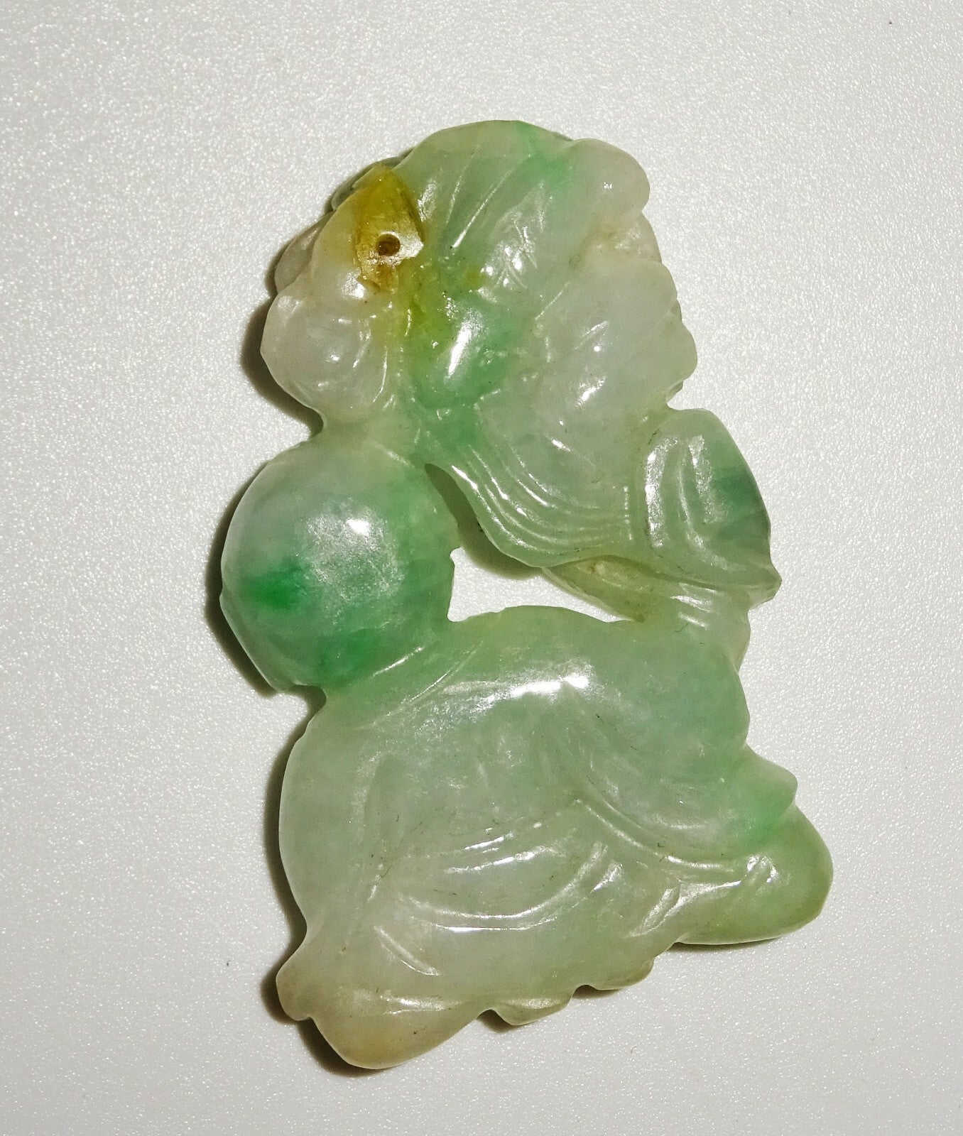 Vintage Chinese Mottled Green Jadeite Jade Carving Boy Lingzhi & Bat  (LuD)