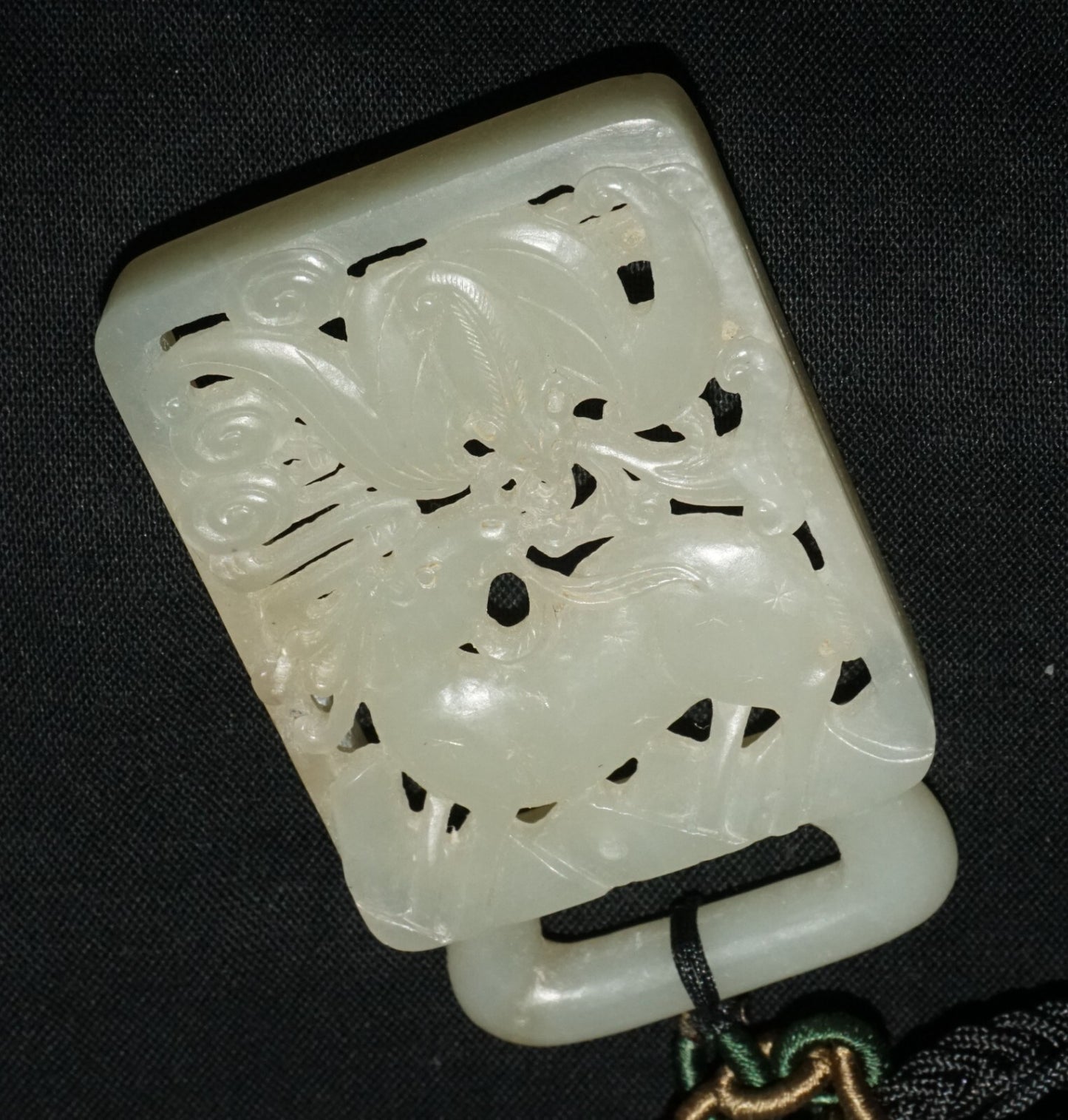 18C Chinese Grey Green Nephrite Jade Pierced Belt Buckle Deer & Bat (LeS)L23