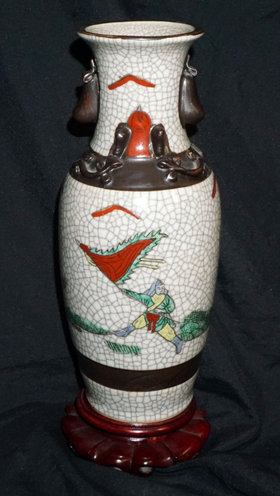 1900 Chinese Pottery Vase w. Crackled Finish Warrior on Horses Motif (ChT) IC