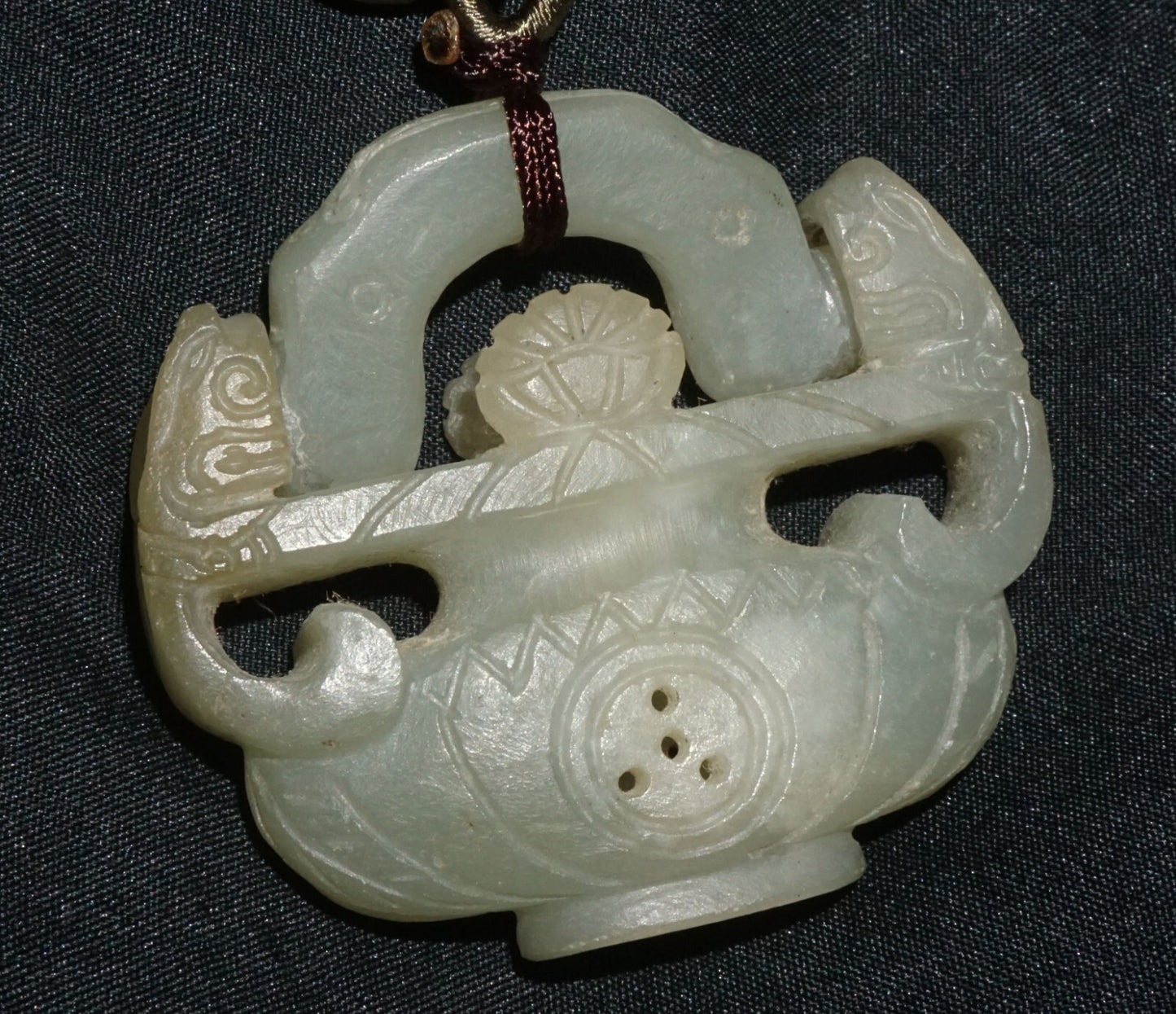 Vintage Chinese Nephrite Jade Flower Vase w. Hinged Handle Motif Pendant  (---)