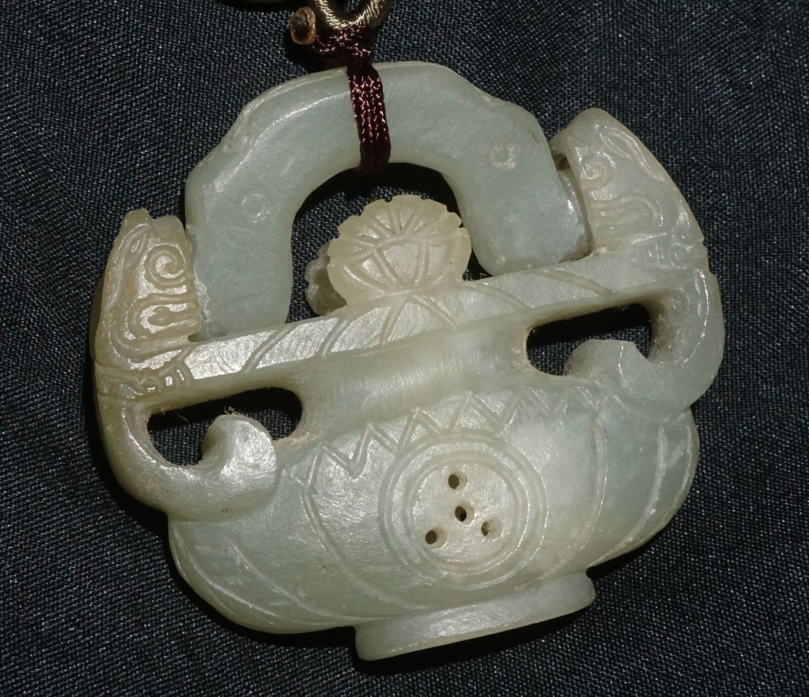 Vintage Chinese Nephrite Jade Flower Vase w. Hinged Handle Motif Pendant  (---)