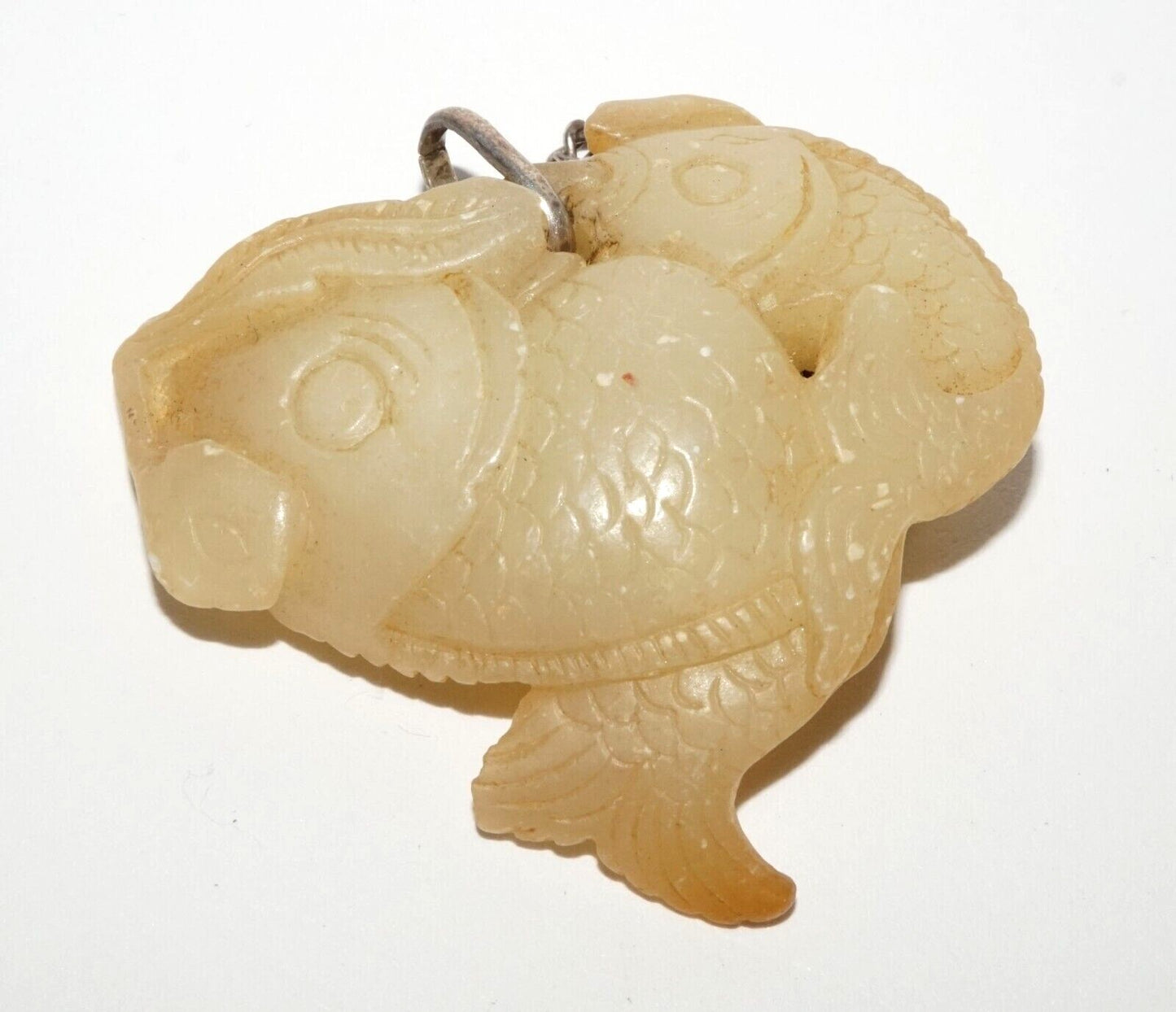 Vintage Chinese Yellow Jade Double Carp Motif Pendant w. Silver Chain (LeS) G9