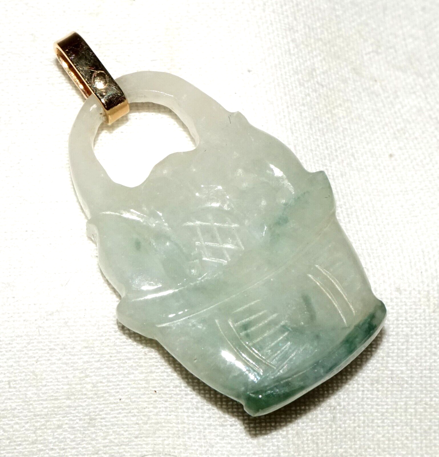 Vintage Chinese 14k Y. Gold White & Spinach Jadeite Jade Basket Pendant (LeS)L24