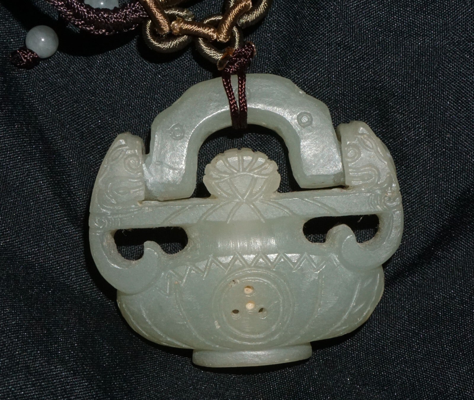 Vintage Chinese Nephrite Jade Flower Vase w. Hinged Handle Motif Pendant  (---)