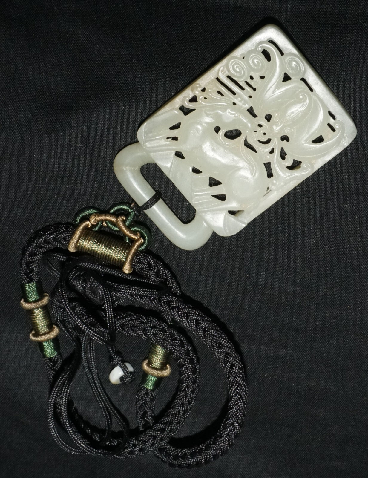 18C Chinese Grey Green Nephrite Jade Pierced Belt Buckle Deer & Bat (LeS)L23