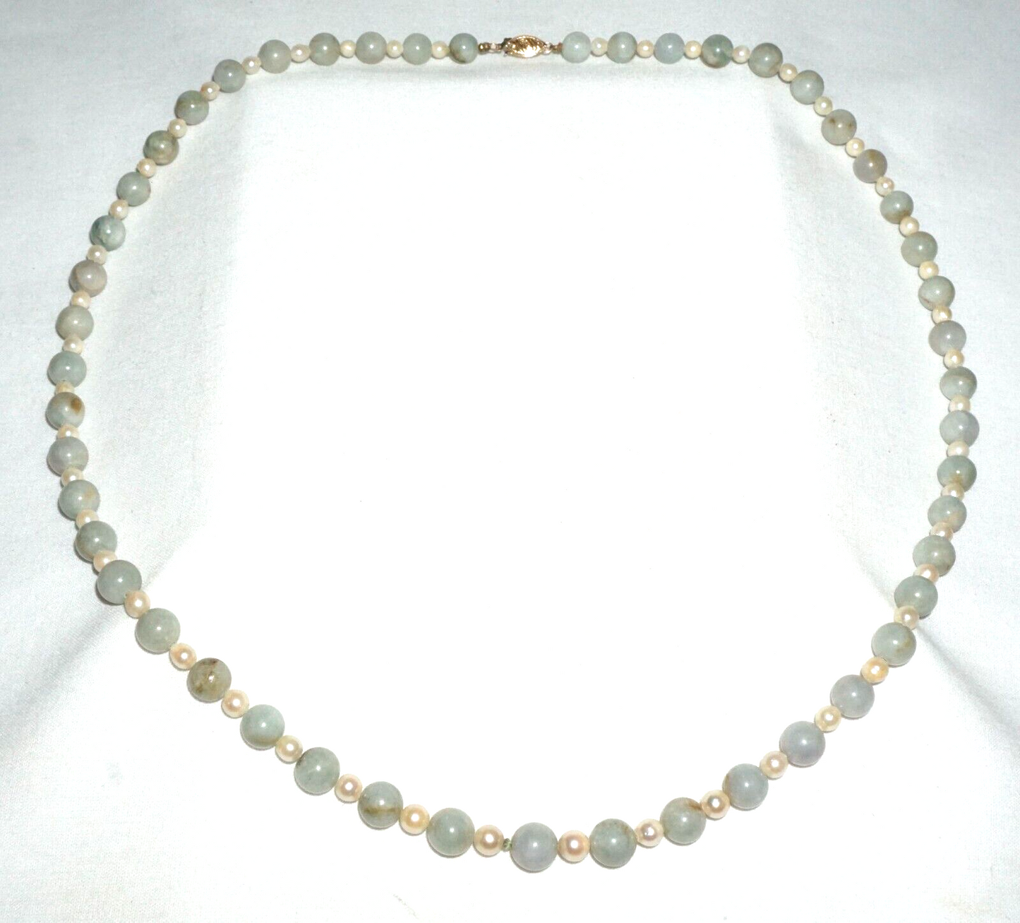Vintage Chinese Jadeite Jade & Pearl Spacer Bead Necklace w. 14k Clasp  (---)