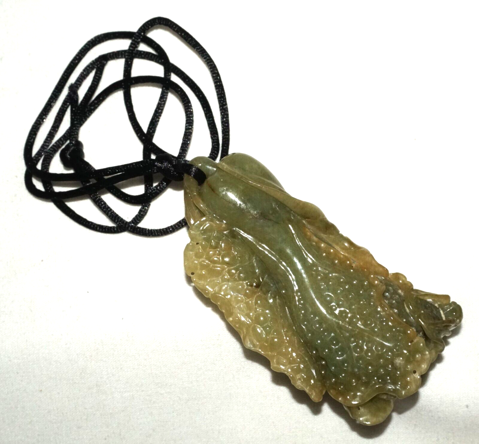 Vintage Chinese Green Jade Cabbage & Bug Motif Large Carved Pendant  (LeS)L20