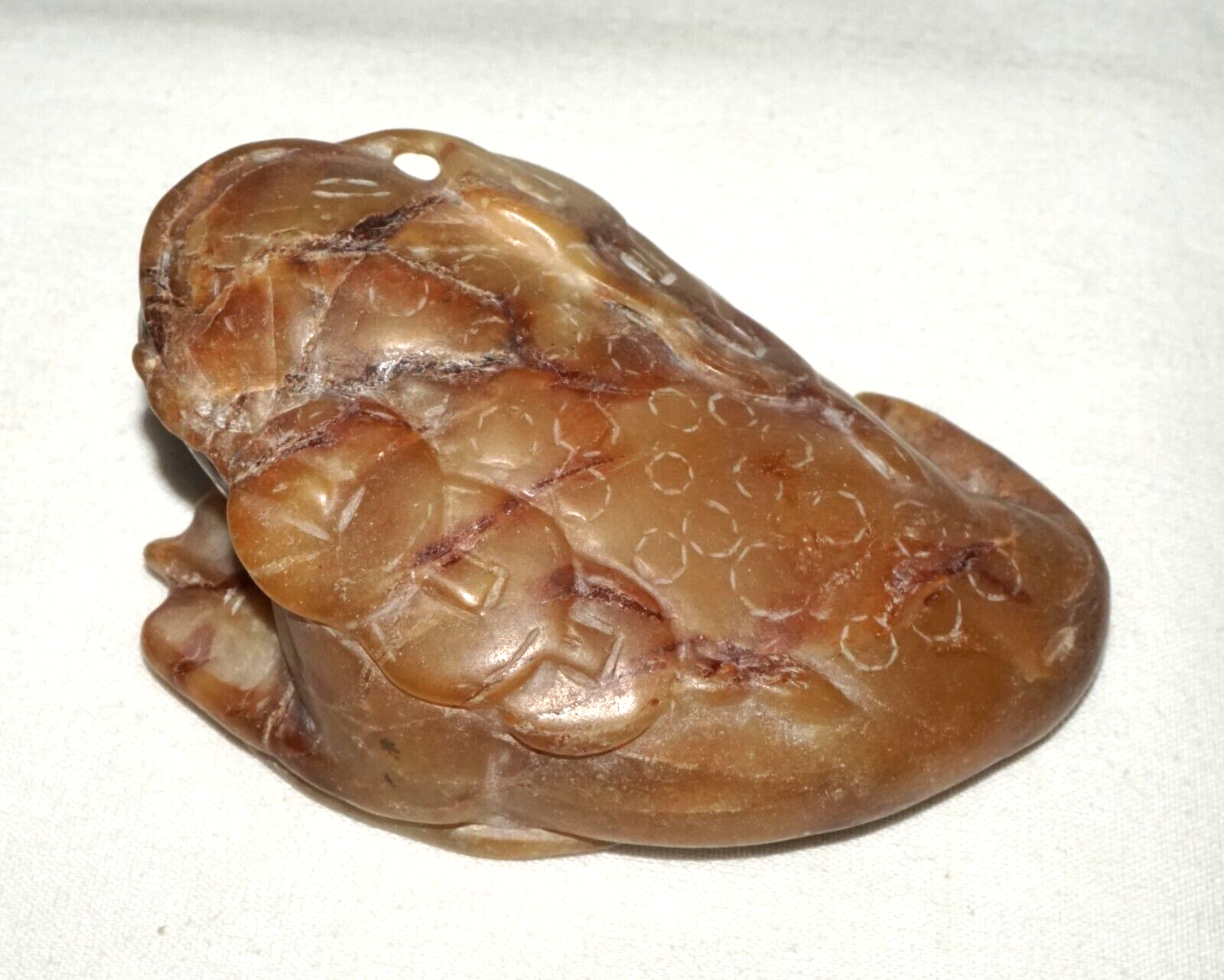 Vintage Chinese Soapstone Carving w. Toad Holding Coins on Coin Motif  (LeS)L20