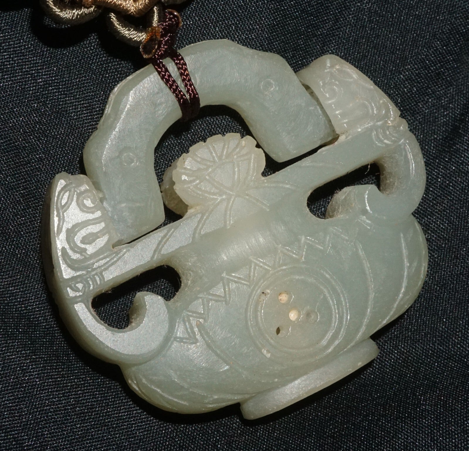 Vintage Chinese Nephrite Jade Flower Vase w. Hinged Handle Motif Pendant  (---)