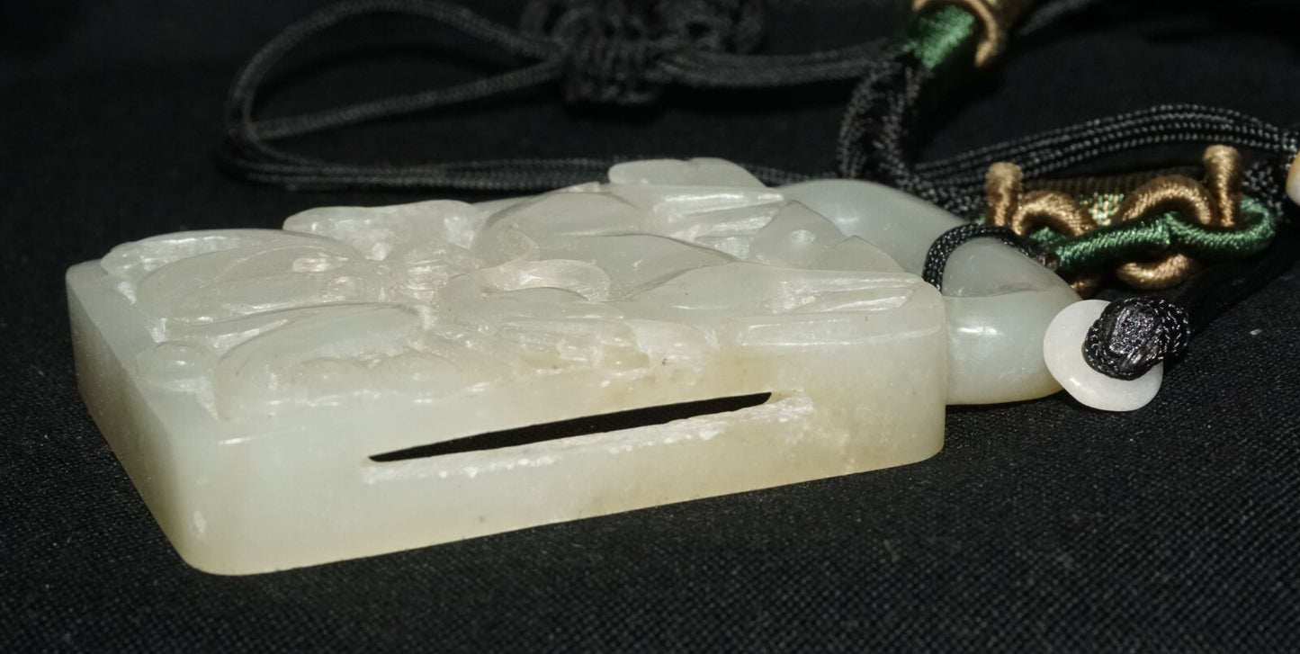 18C Chinese Grey Green Nephrite Jade Pierced Belt Buckle Deer & Bat (LeS)L23