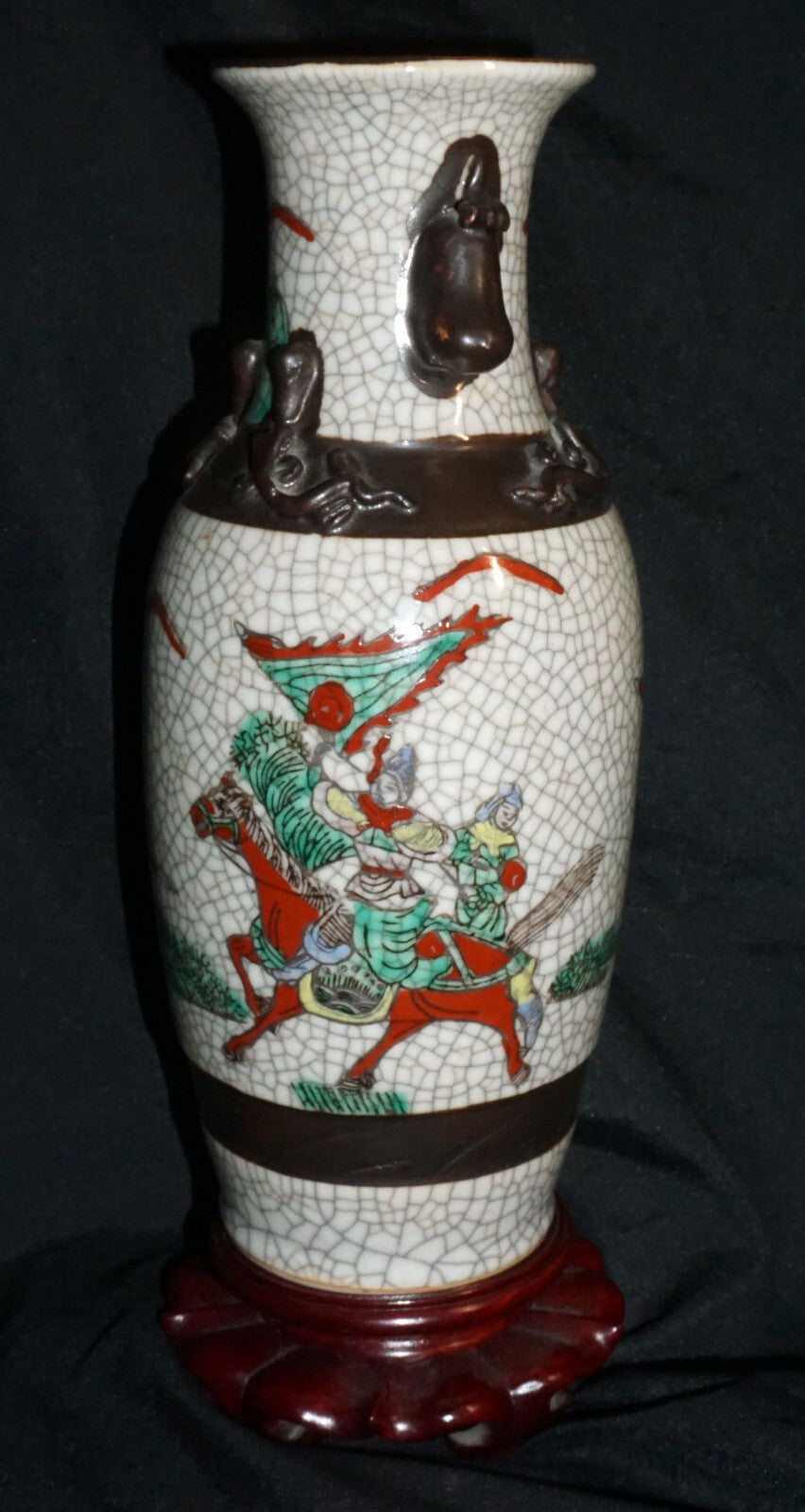 1900 Chinese Pottery Vase w. Crackled Finish Warrior on Horses Motif (ChT) IC