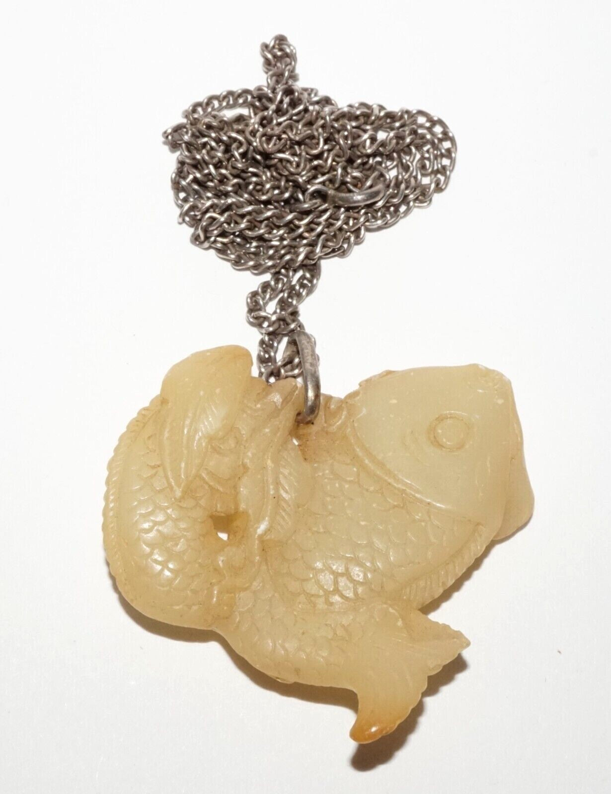 Vintage Chinese Yellow Jade Double Carp Motif Pendant w. Silver Chain (LeS) G9