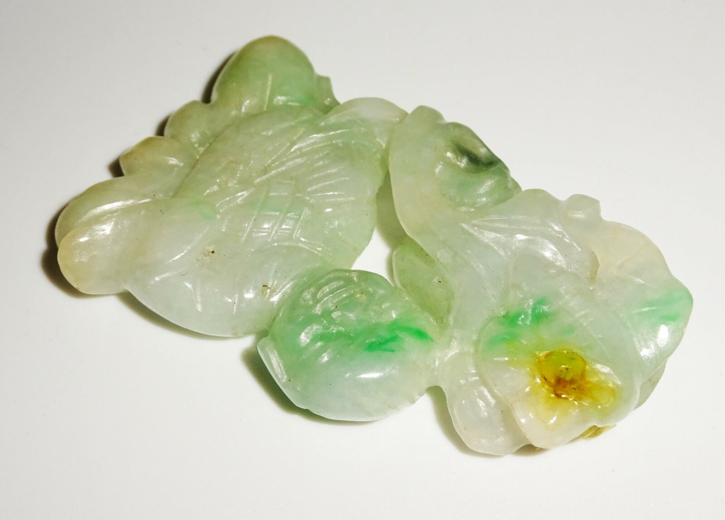 Vintage Chinese Mottled Green Jadeite Jade Carving Boy Lingzhi & Bat  (LuD)