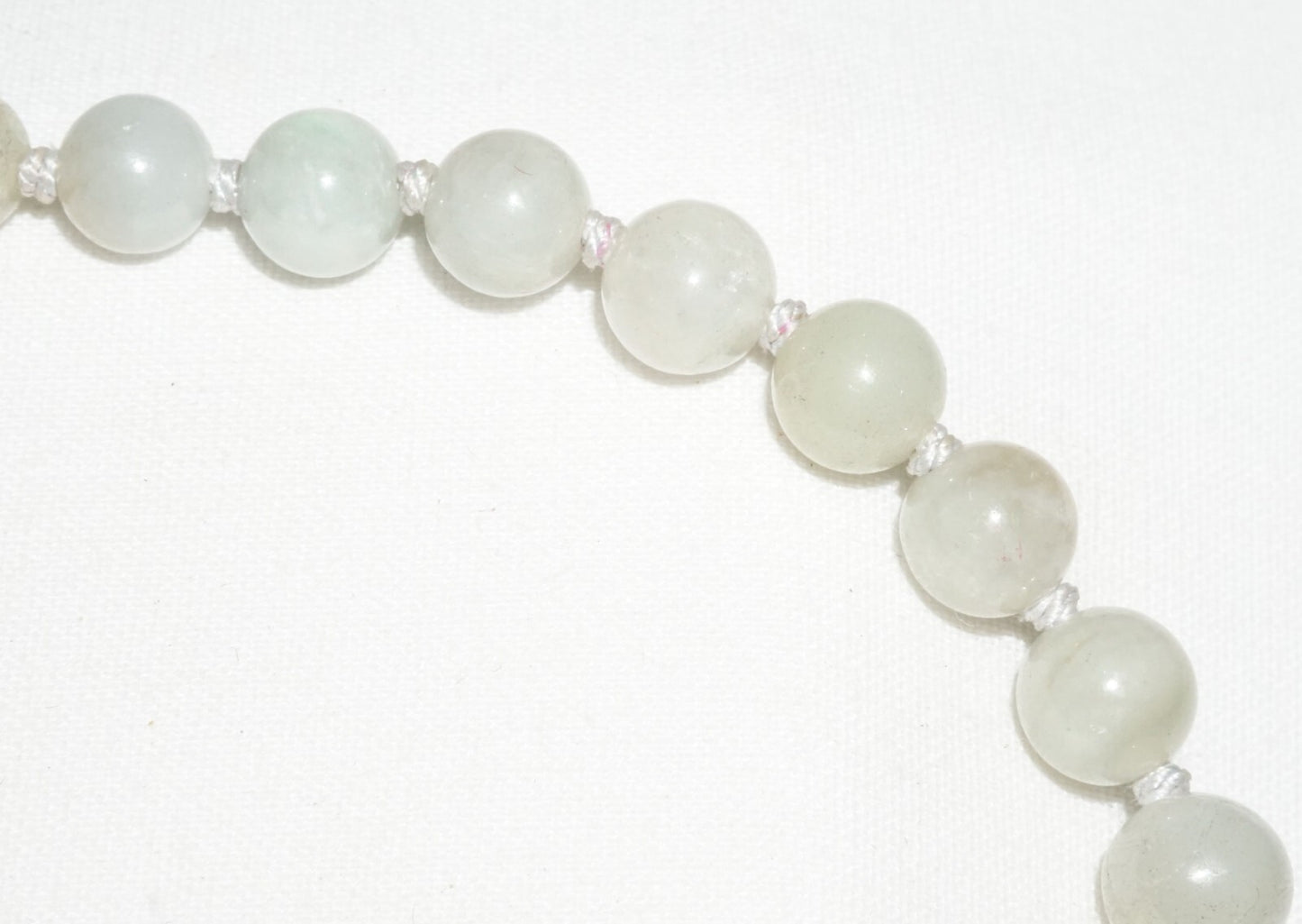 Vintage Chinese Grey Green Jadeite Jade Bead Necklace w. Gold Pl. Silver Clasp#2