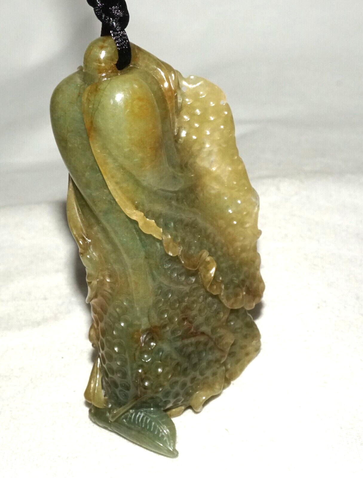 Vintage Chinese Green Jade Cabbage & Bug Motif Large Carved Pendant  (LeS)L20