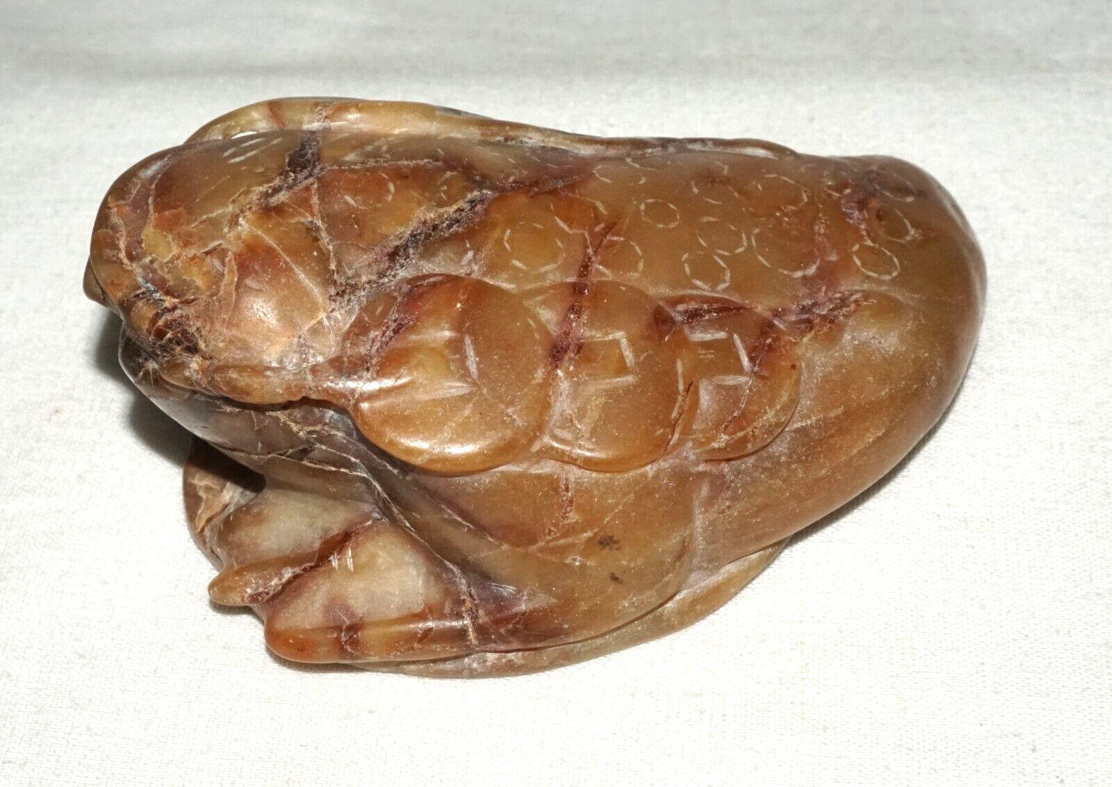 Vintage Chinese Soapstone Carving w. Toad Holding Coins on Coin Motif  (LeS)L20