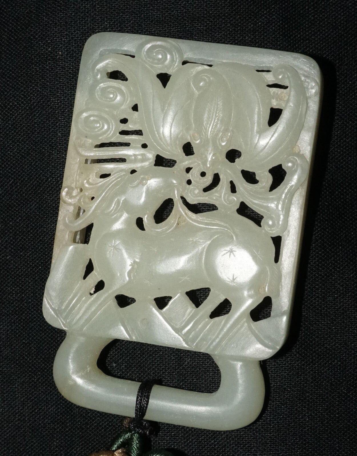 18C Chinese Grey Green Nephrite Jade Pierced Belt Buckle Deer & Bat (LeS)L23
