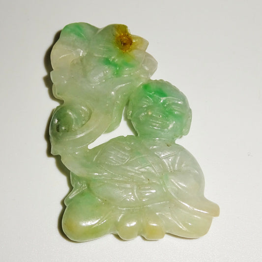 Vintage Chinese Mottled Green Jadeite Jade Carving Boy Lingzhi & Bat  (LuD)