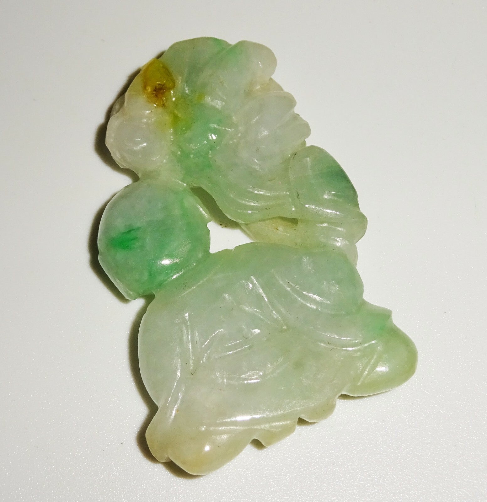 Vintage Chinese Mottled Green Jadeite Jade Carving Boy Lingzhi & Bat  (LuD)