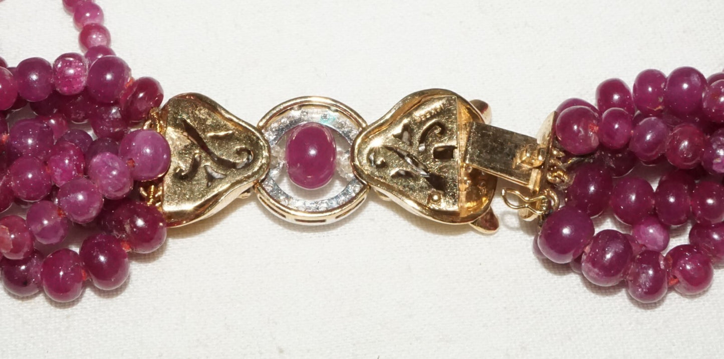 Vintage 7x Strand Ruby Bead Necklace w. 14k Y. Gold Double Leopard Clasp (LeD)