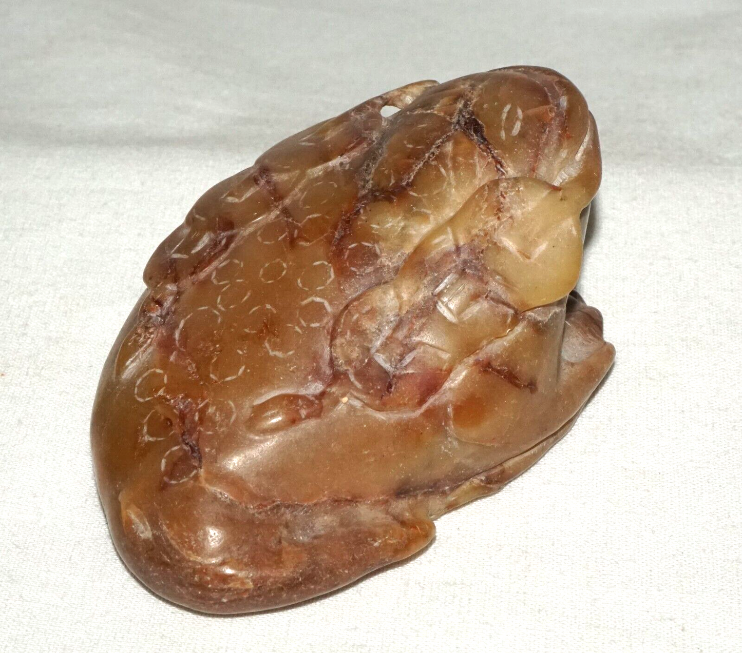 Vintage Chinese Soapstone Carving w. Toad Holding Coins on Coin Motif  (LeS)L20