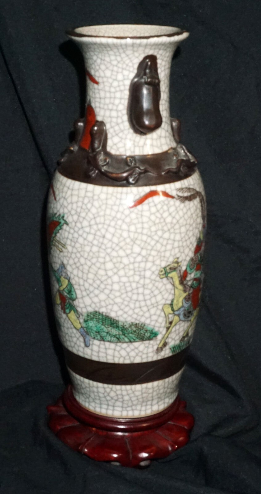 1900 Chinese Pottery Vase w. Crackled Finish Warrior on Horses Motif (ChT) IC