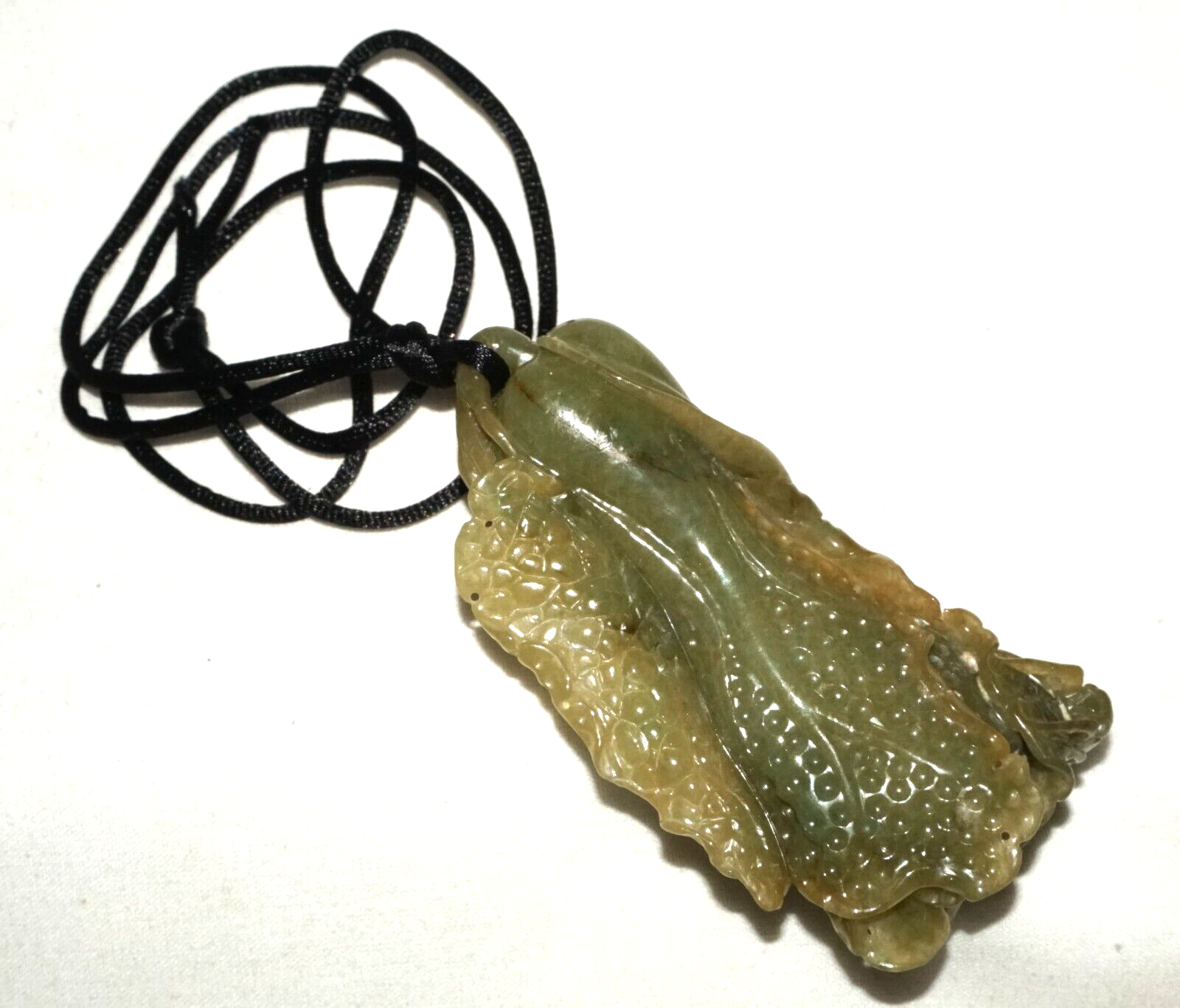 Vintage Chinese Green Jade Cabbage & Bug Motif Large Carved Pendant  (LeS)L20