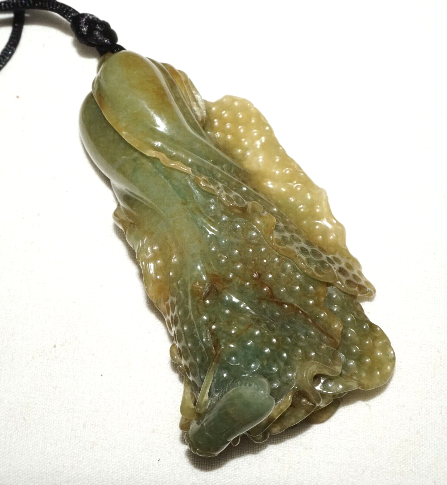 Vintage Chinese Green Jade Cabbage & Bug Motif Large Carved Pendant  (LeS)L20