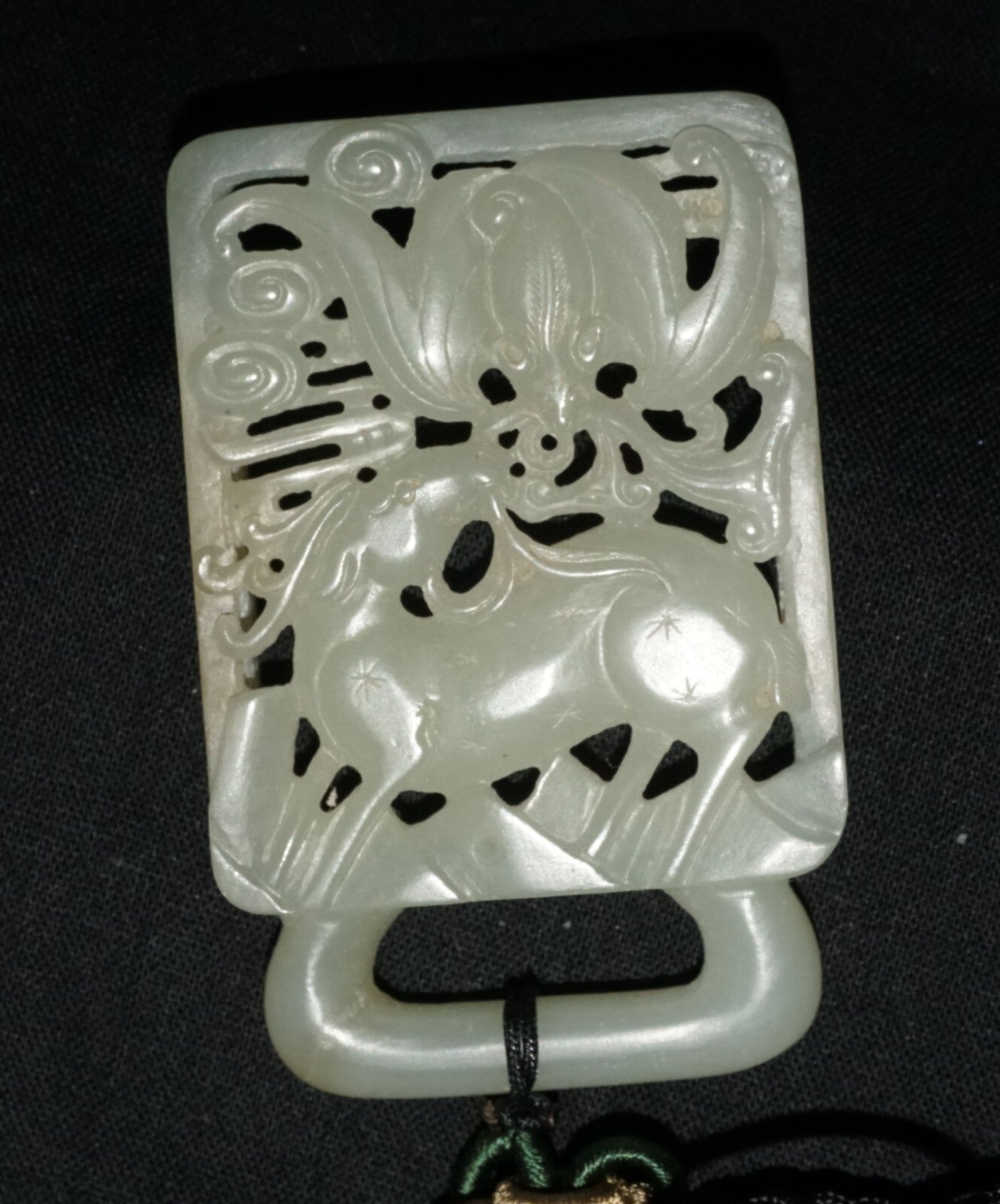 18C Chinese Grey Green Nephrite Jade Pierced Belt Buckle Deer & Bat (LeS)L23