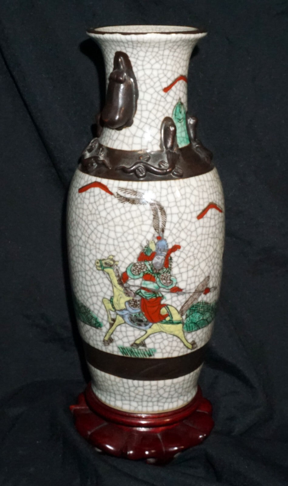 1900 Chinese Pottery Vase w. Crackled Finish Warrior on Horses Motif (ChT) IC