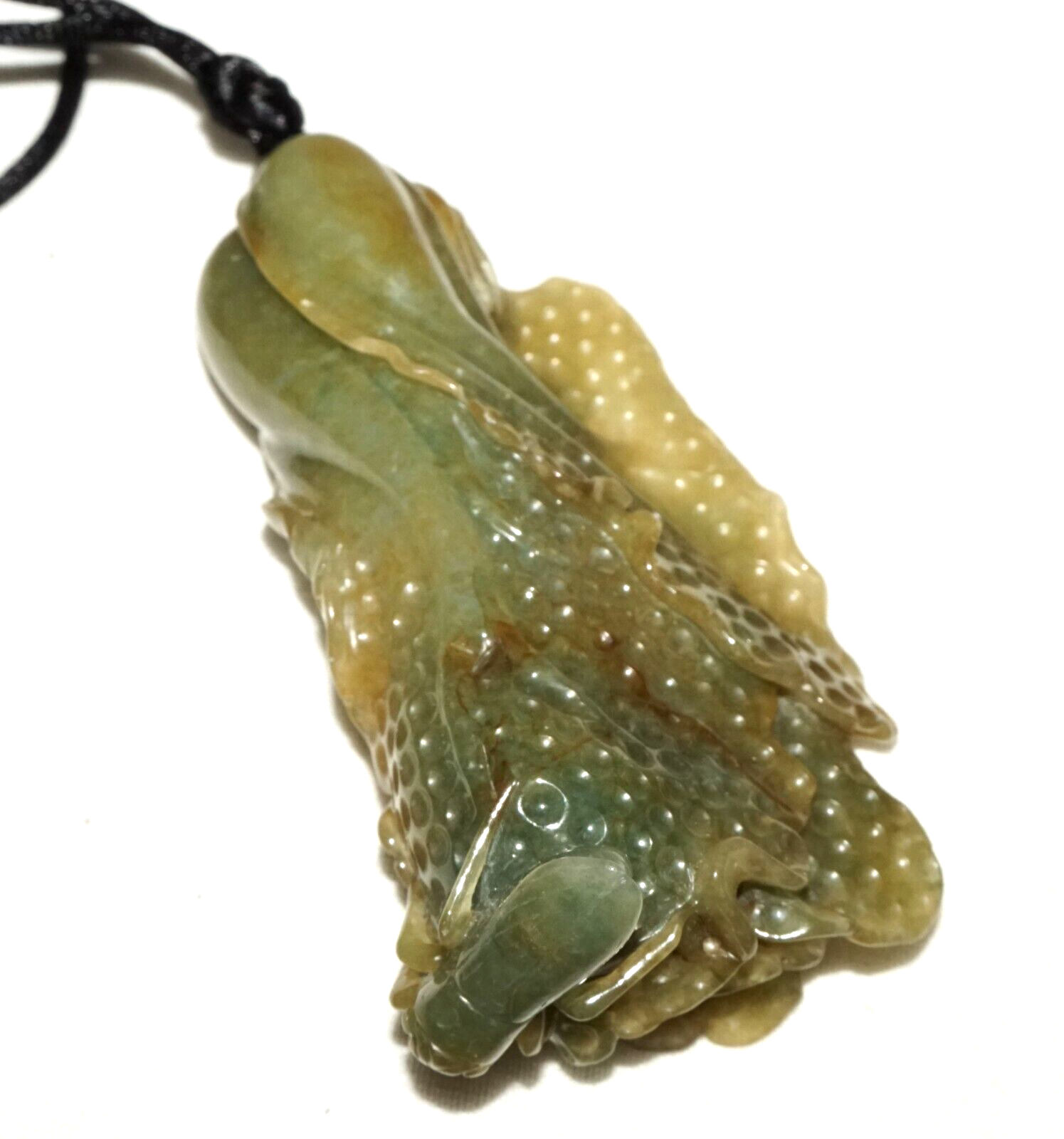 Vintage Chinese Green Jade Cabbage & Bug Motif Large Carved Pendant  (LeS)L20
