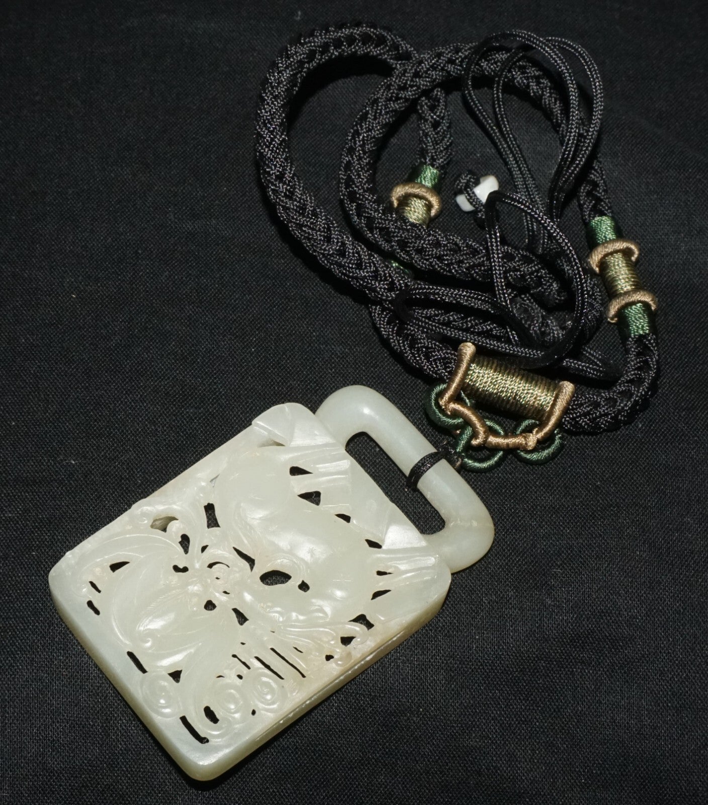18C Chinese Grey Green Nephrite Jade Pierced Belt Buckle Deer & Bat (LeS)L23