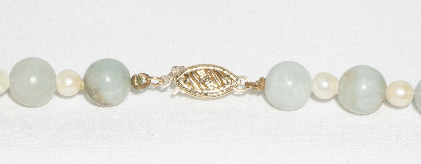 Vintage Chinese Jadeite Jade & Pearl Spacer Bead Necklace w. 14k Clasp  (---)